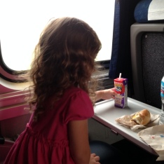 The train to Chicago had very deluxe seats and Alaina had fun looking out of the window and eating snacks.
